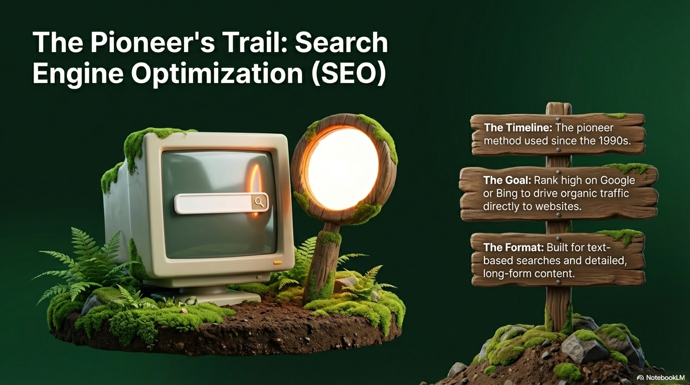 The Pioneer's Trail: Search Engine Optimization — a retro computer with search bar since the 1990s