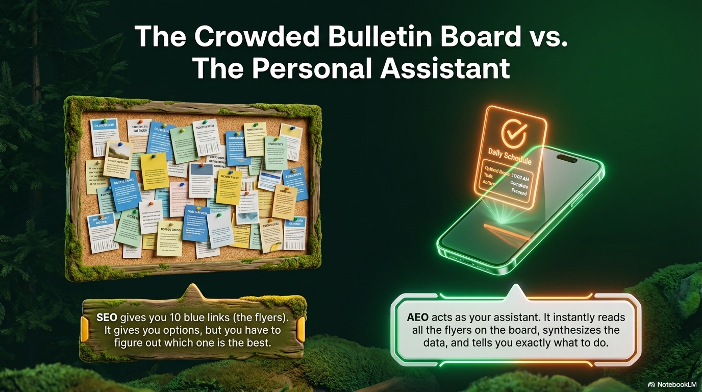 SEO gives you 10 blue links like a crowded bulletin board. AEO acts as your personal assistant.