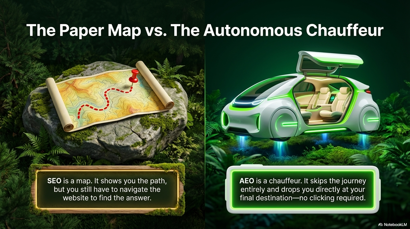 SEO is a paper map — you navigate. AEO is an autonomous chauffeur — it drops you at the answer.