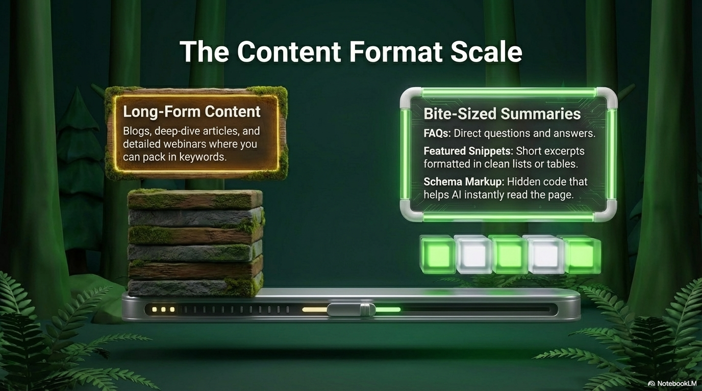 The Content Format Scale — long-form content for SEO vs bite-sized summaries for AEO