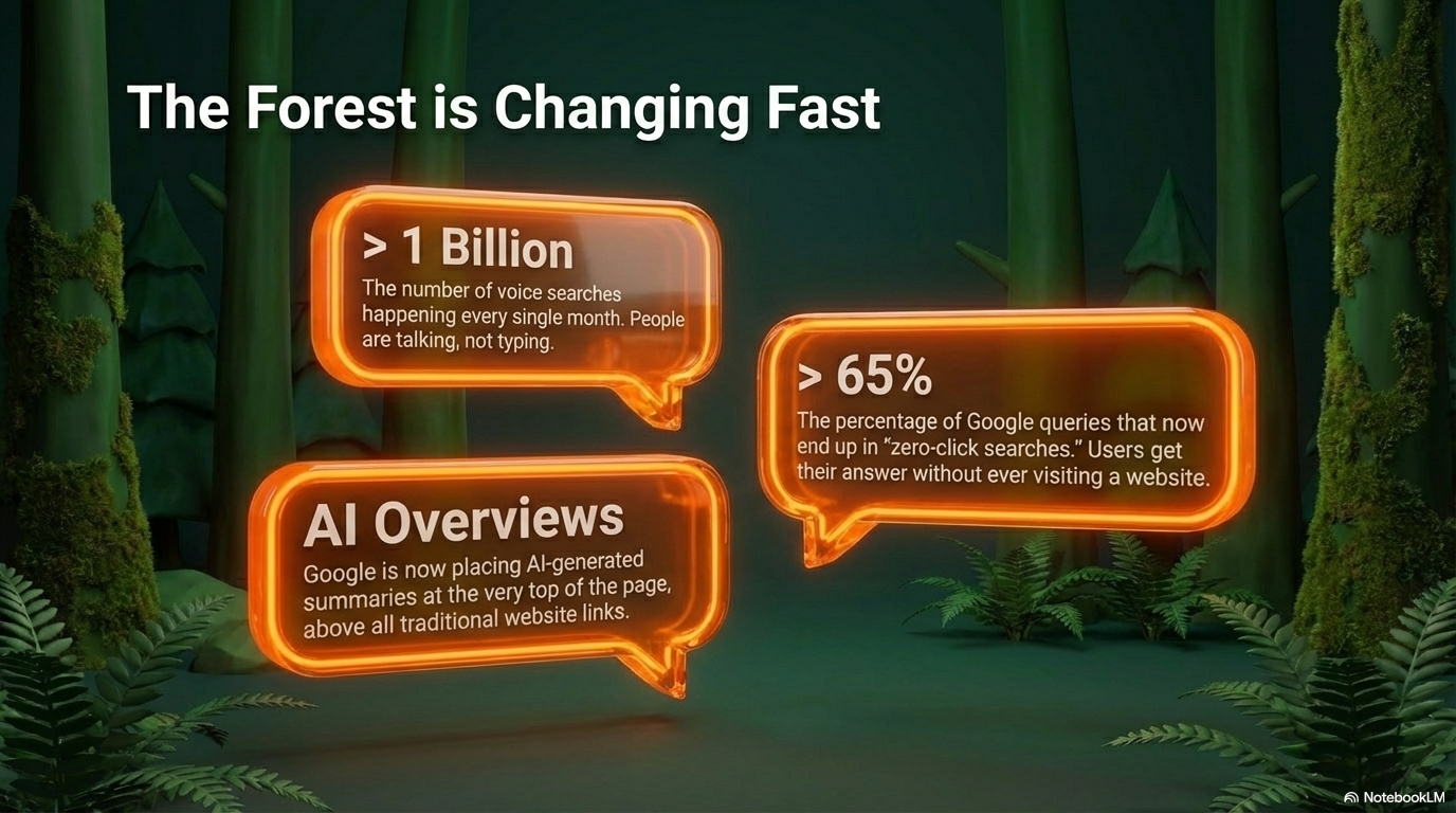 The forest is changing fast — 1 billion voice searches per month, 65% zero-click, AI Overviews