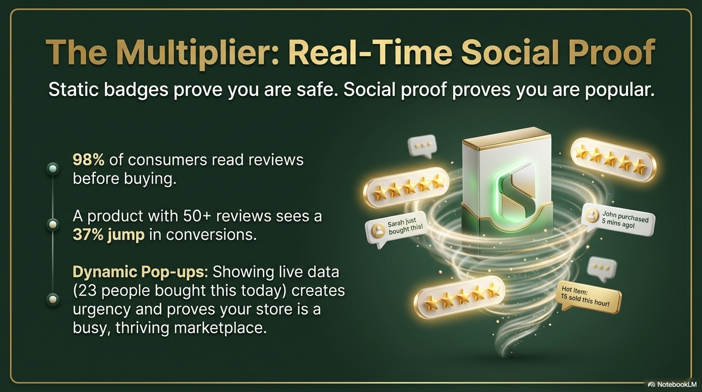 Real-Time Social Proof — 98% read reviews, 50+ reviews = 37% conversion jump