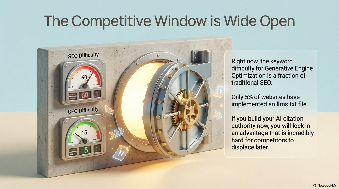 The competitive window is wide open — GEO difficulty vs SEO